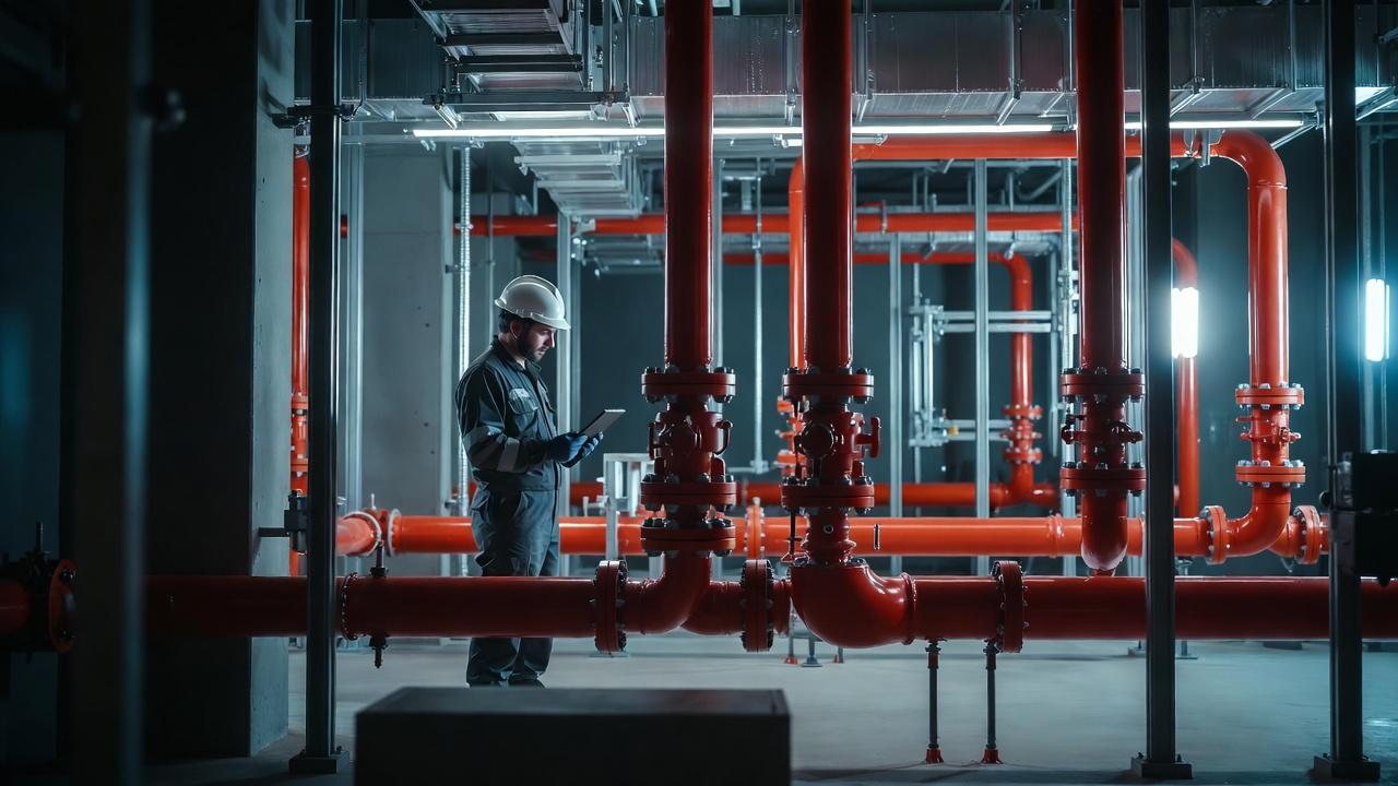 مهندس يراجع شبكة أنابيب إطفاء وصماماتها